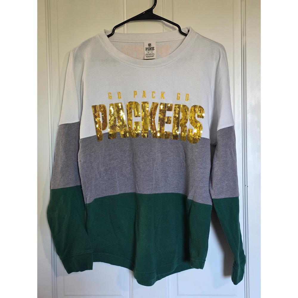 PINK Victoria's Secret Green Bay Packers Sequin Sweatshirt Grey Green XS RARE - Picture 2 of 9
